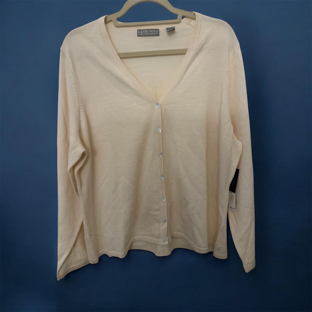 Kate Hill Italian Merino Wool V-Neck Cardigan Sweater Cream Yellow 1X NWT